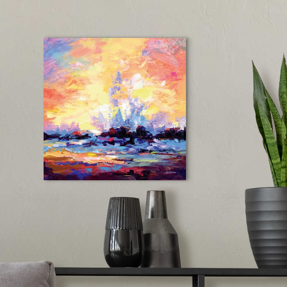 A modern room featuring Beautiful abstract painting of waves crashing on the rocks at coast.