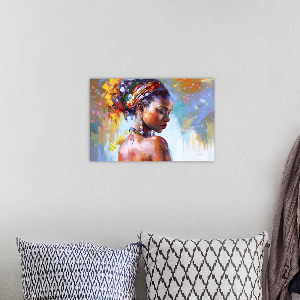 A bohemian room featuring This contemporary artwork showcases a compelling colorful portrait of an African woman, her grace...