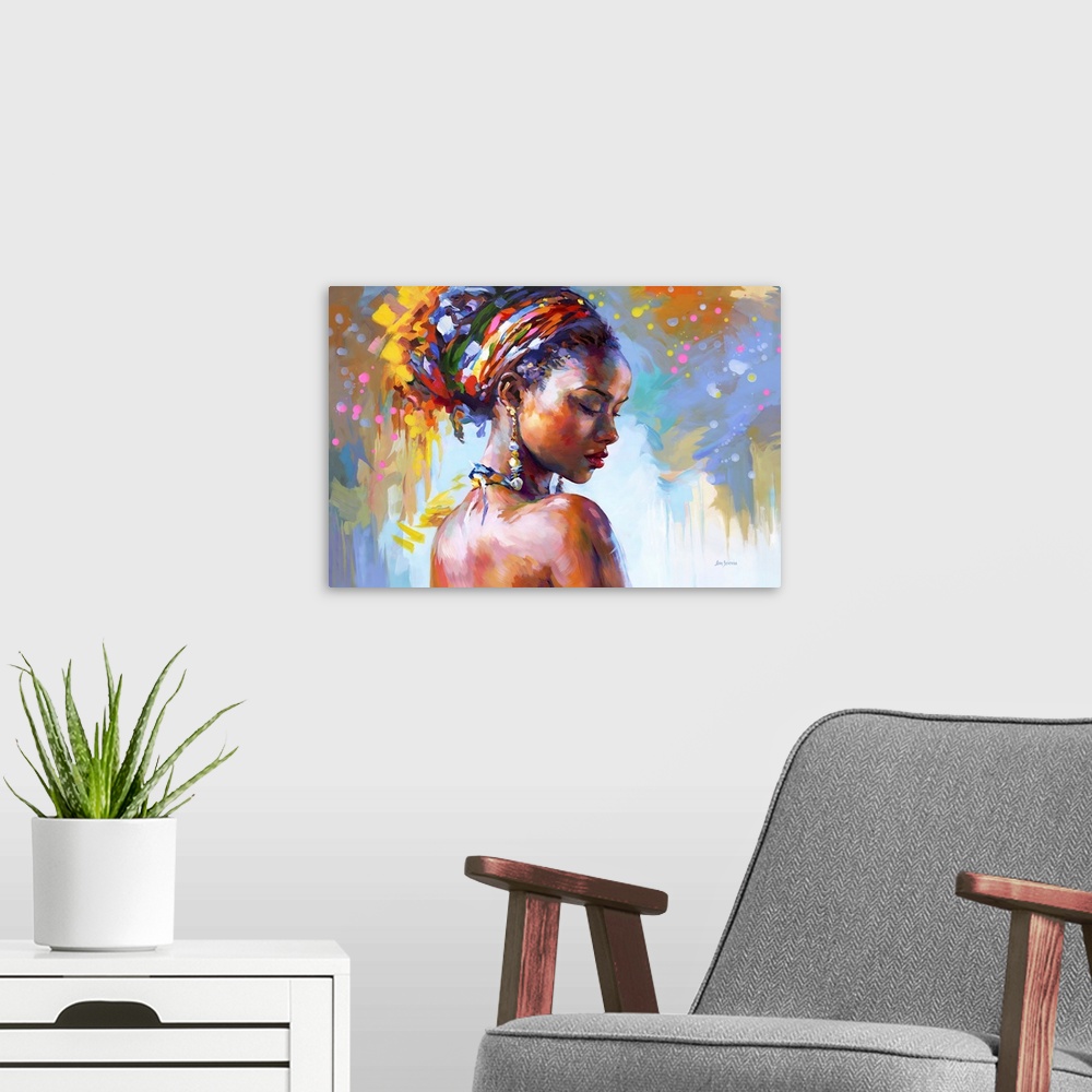 A modern room featuring This contemporary artwork showcases a compelling colorful portrait of an African woman, her grace...