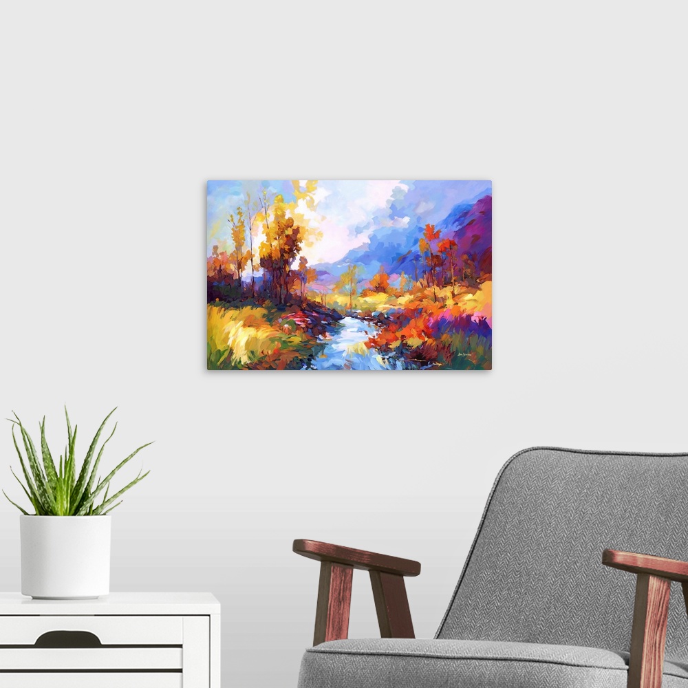 A modern room featuring A contemporary impressionistic landscape that brings to life an autumnal riverside scene, vibrant...