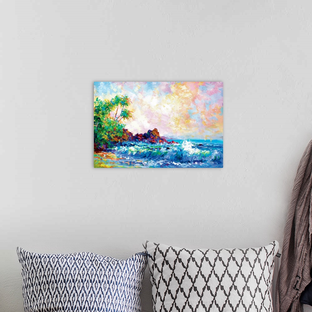 A bohemian room featuring A vibrant and colorful contemporary painting of beach waves with tropical palm trees in Honolulu ...