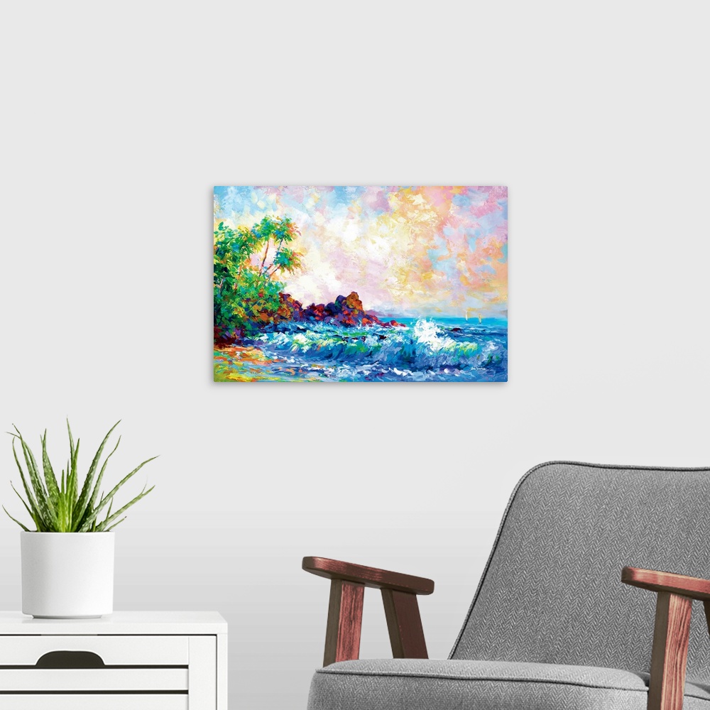 A modern room featuring A vibrant and colorful contemporary painting of beach waves with tropical palm trees in Honolulu ...