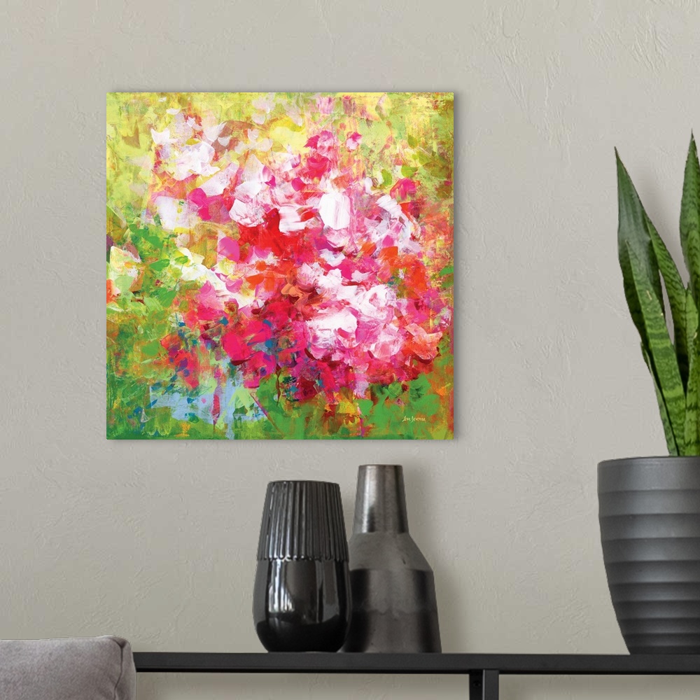 A modern room featuring Vibrant colorful abstract floral painting.