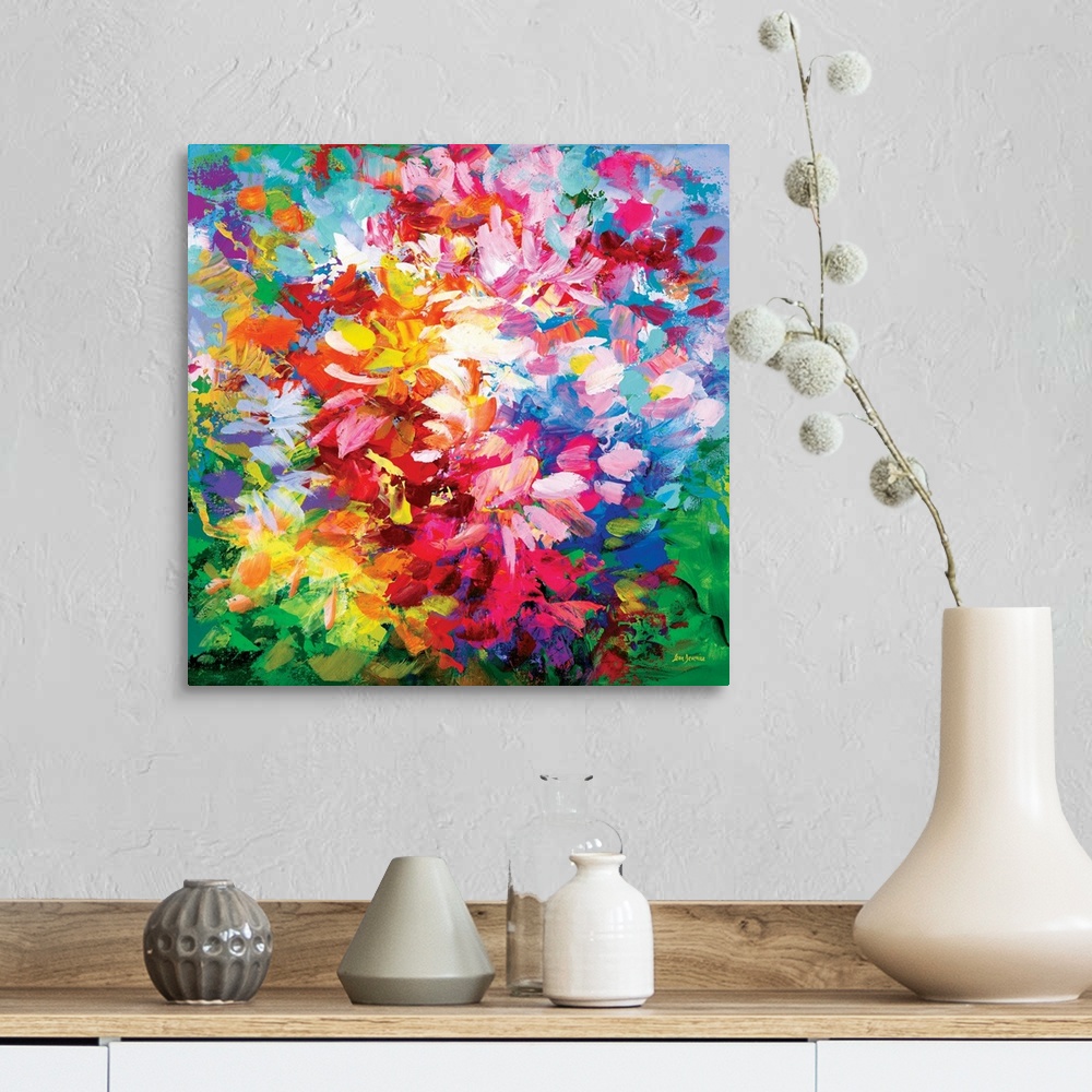A farmhouse room featuring Vibrant colorful abstract floral painting.