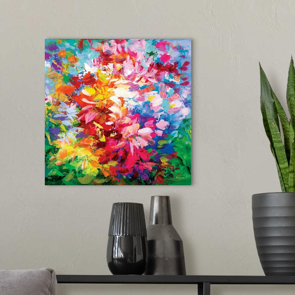 A modern room featuring Vibrant colorful abstract floral painting.