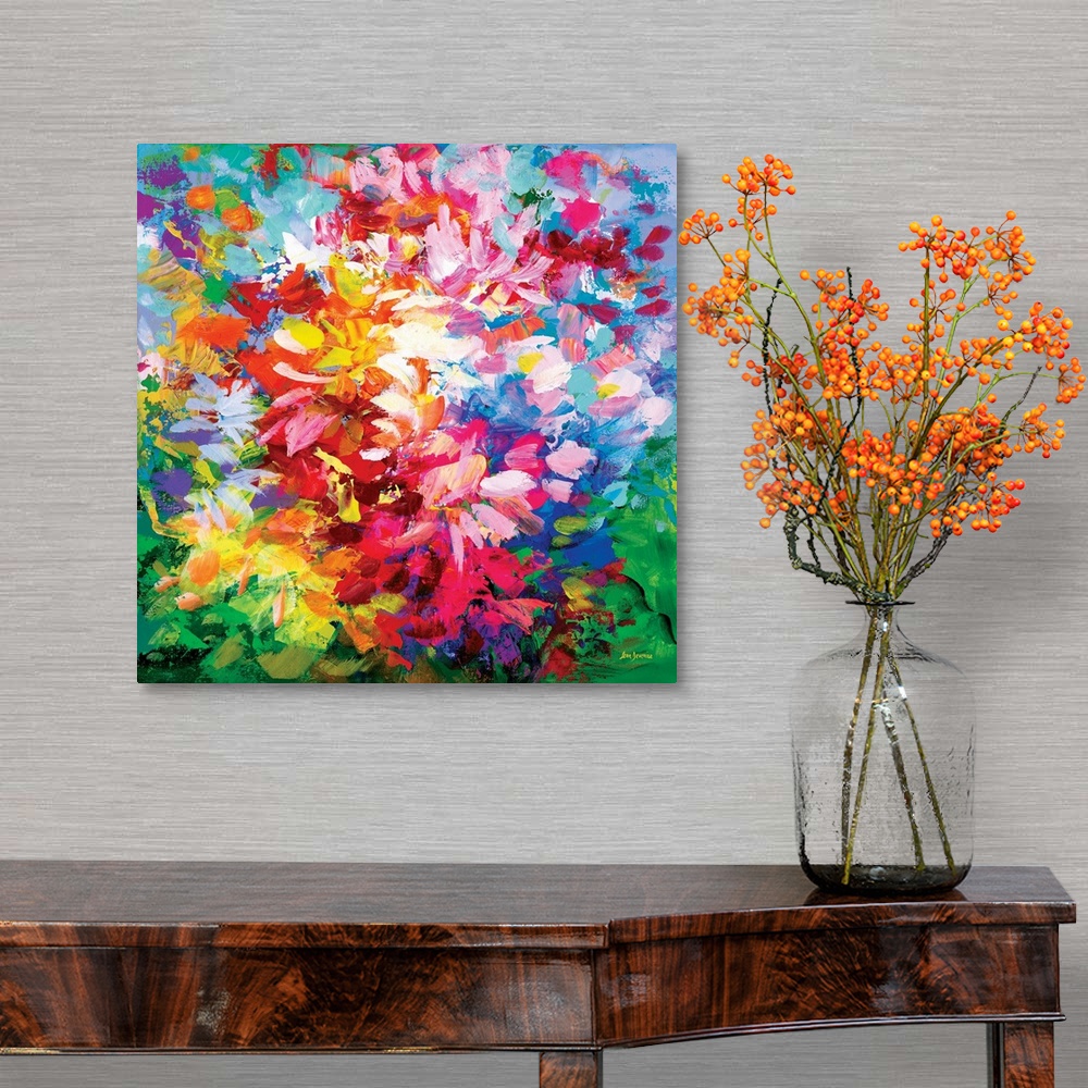 A traditional room featuring Vibrant colorful abstract floral painting.