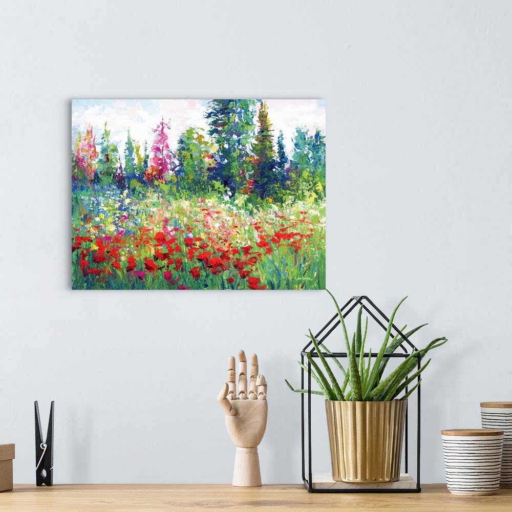 A bohemian room featuring Poppy flowers and other blooms shine with color in this landscape painting inspired by the beauty...