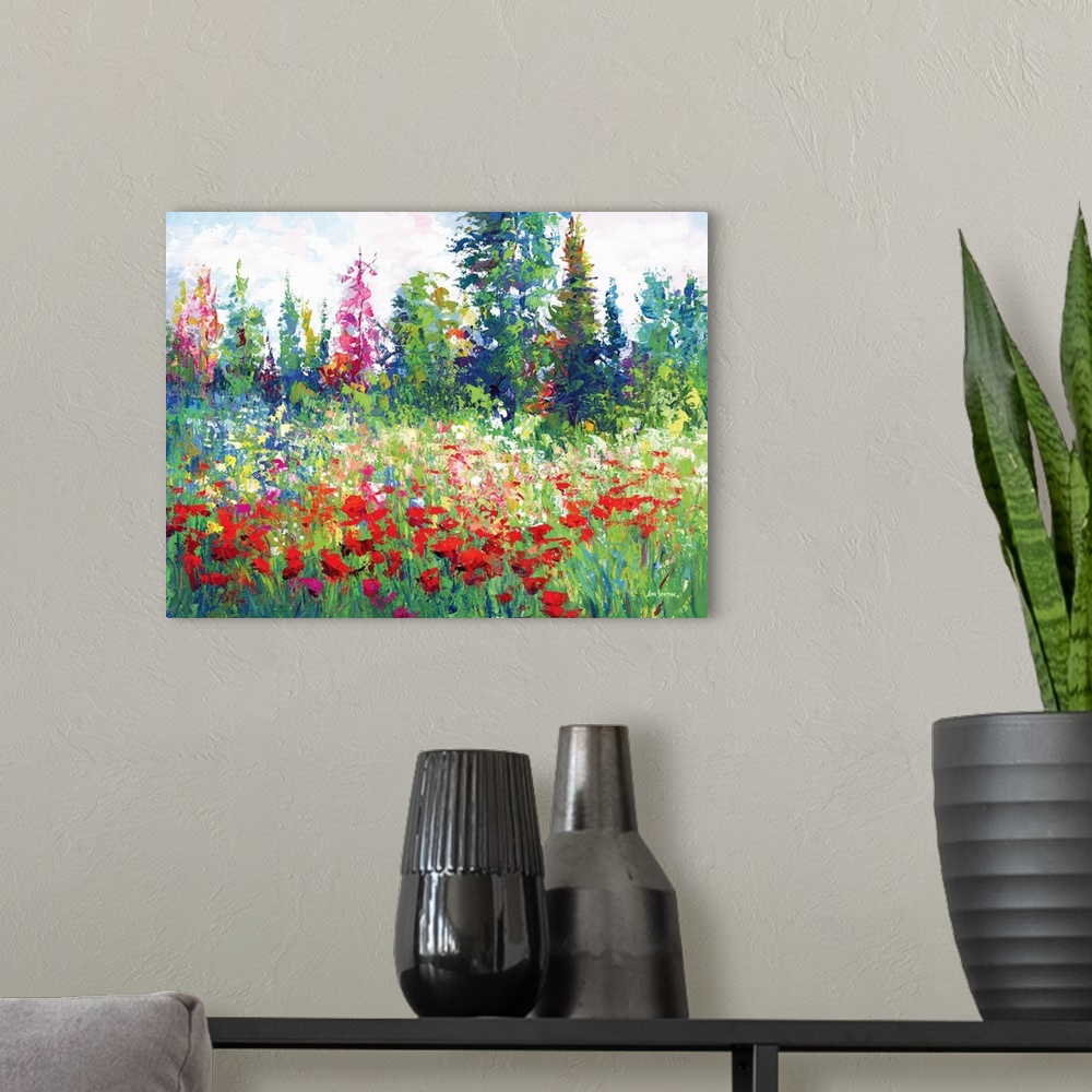 A modern room featuring Poppy flowers and other blooms shine with color in this landscape painting inspired by the beauty...