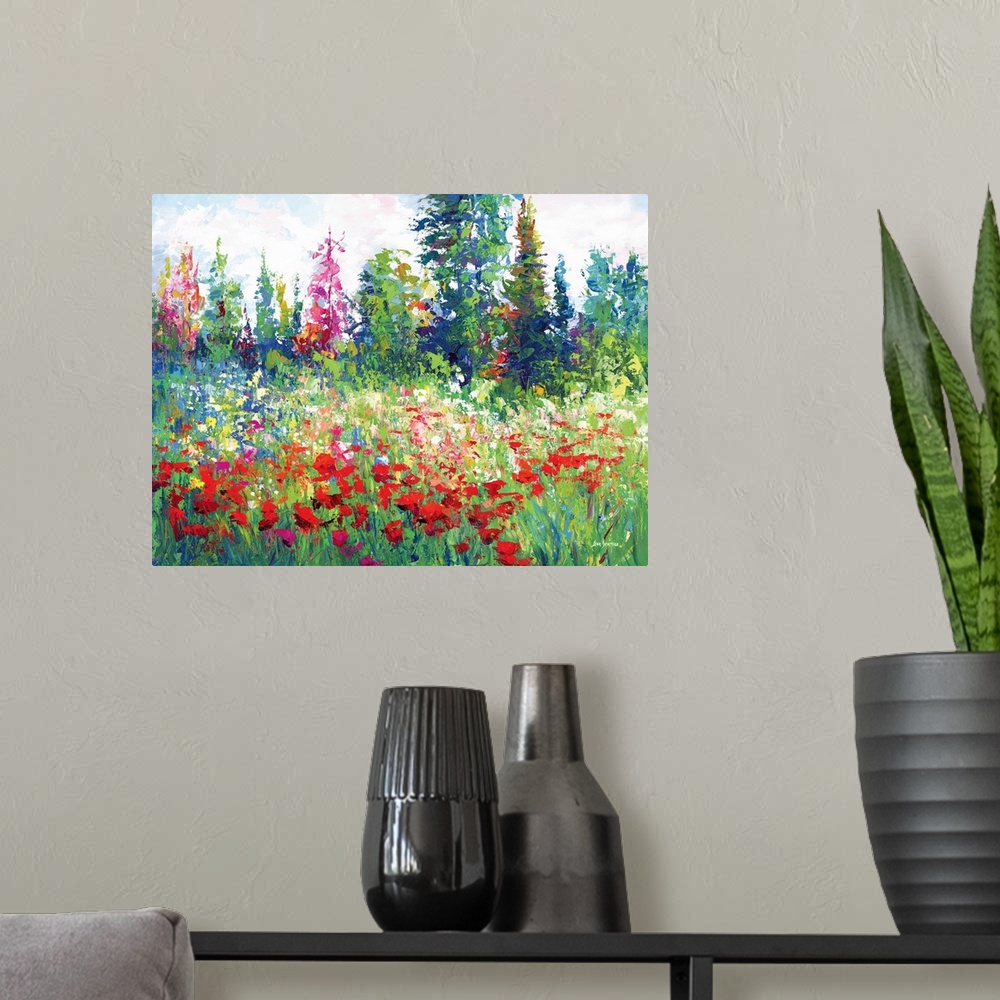 A modern room featuring Poppy flowers and other blooms shine with color in this landscape painting inspired by the beauty...