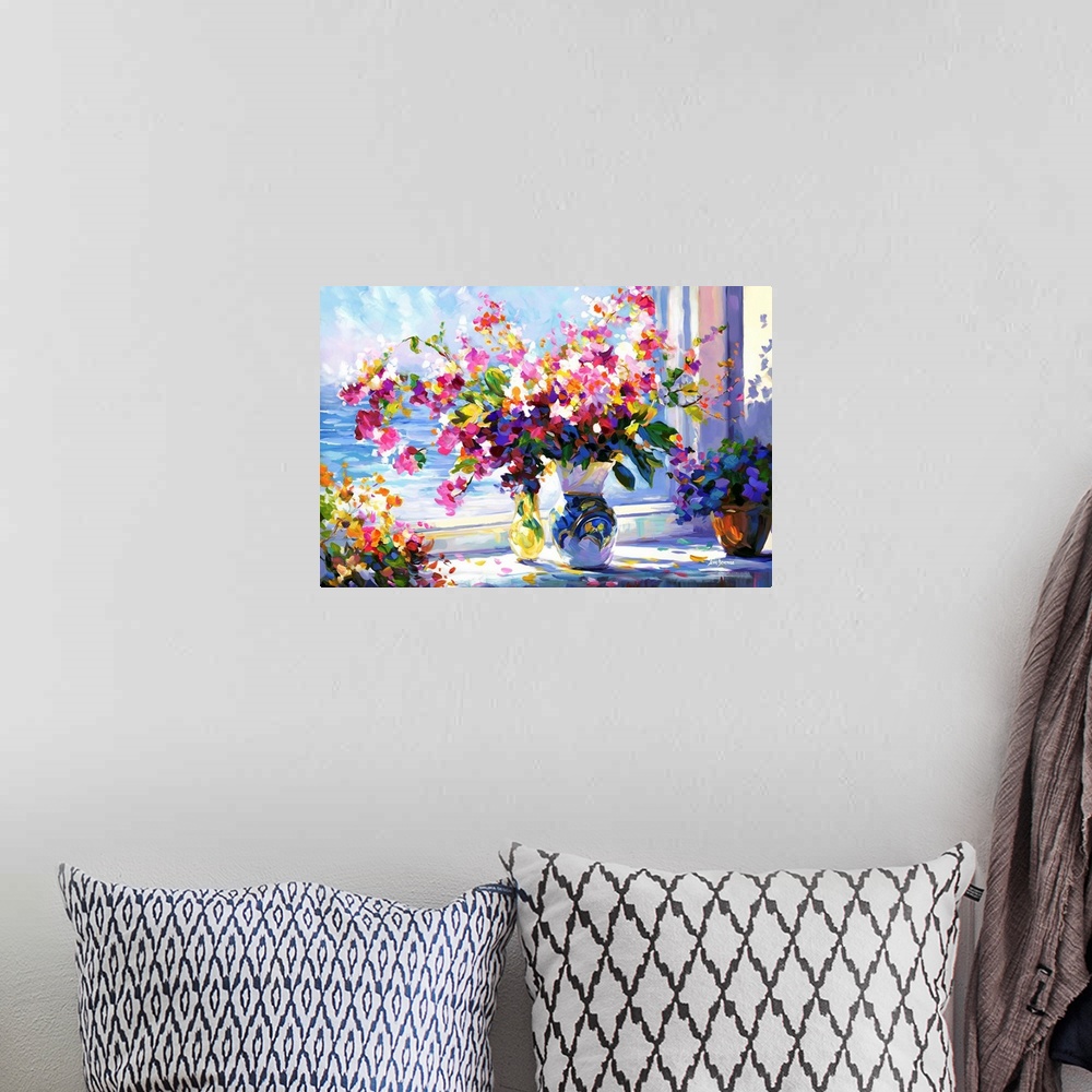 A bohemian room featuring In this contemporary impressionistic piece, a vase is filled with vibrant flowers, their colors s...