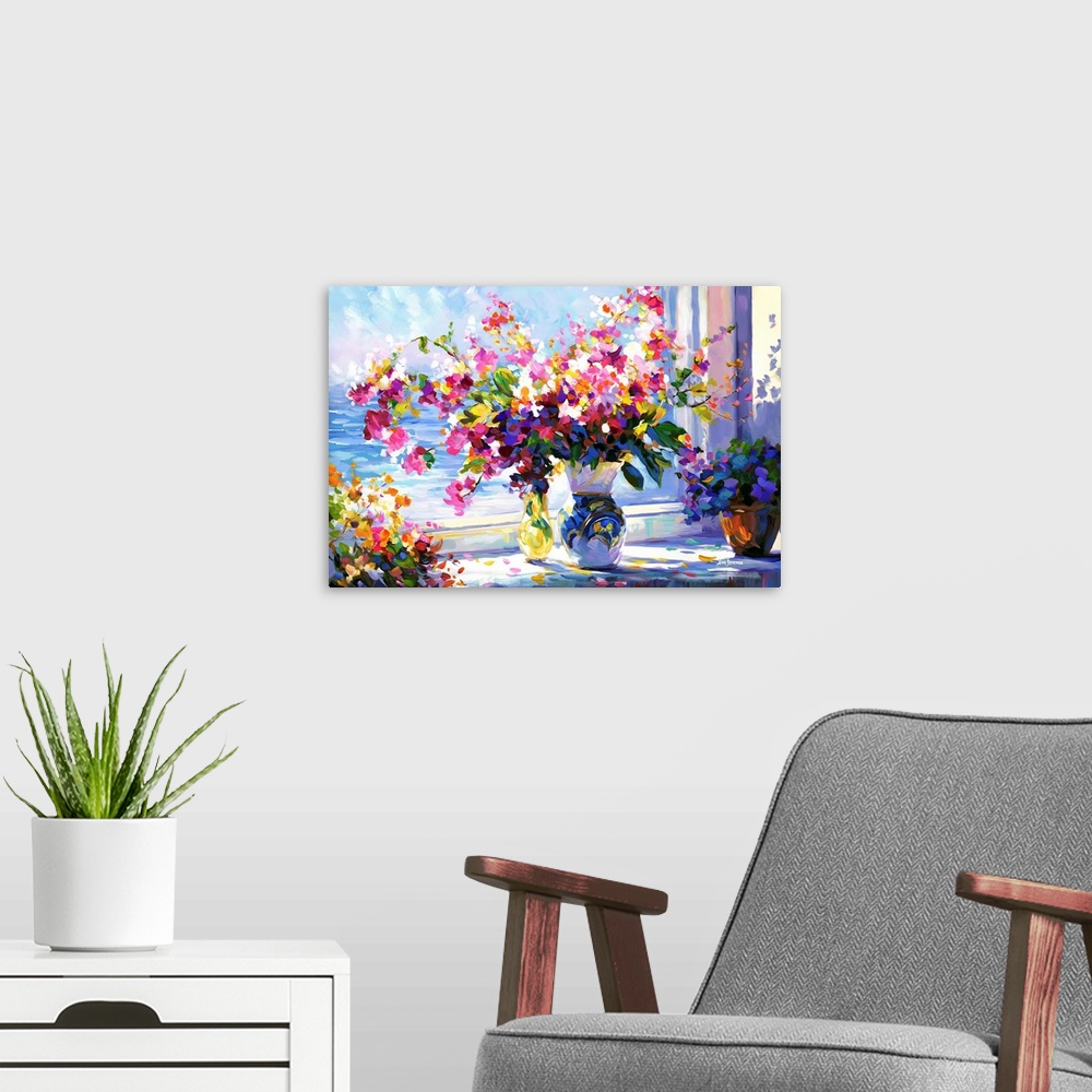 A modern room featuring In this contemporary impressionistic piece, a vase is filled with vibrant flowers, their colors s...