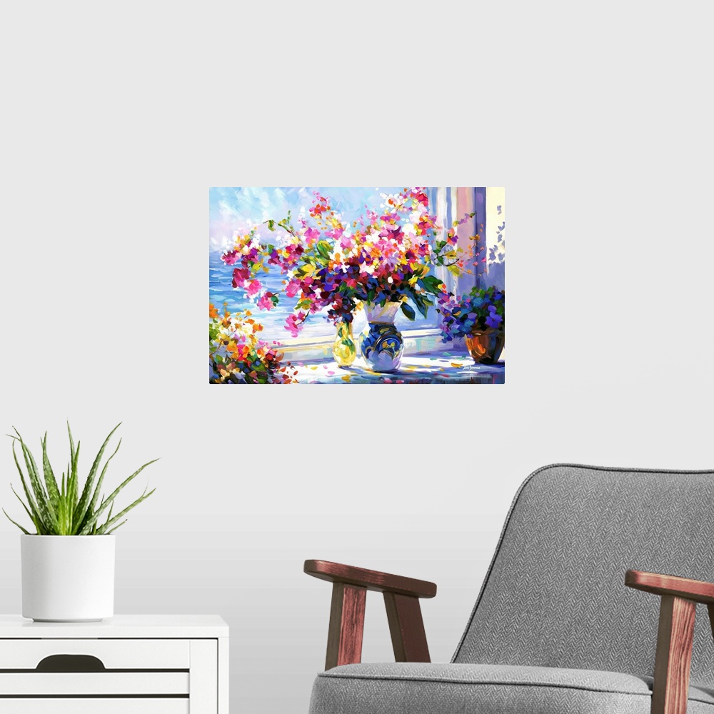 A modern room featuring In this contemporary impressionistic piece, a vase is filled with vibrant flowers, their colors s...