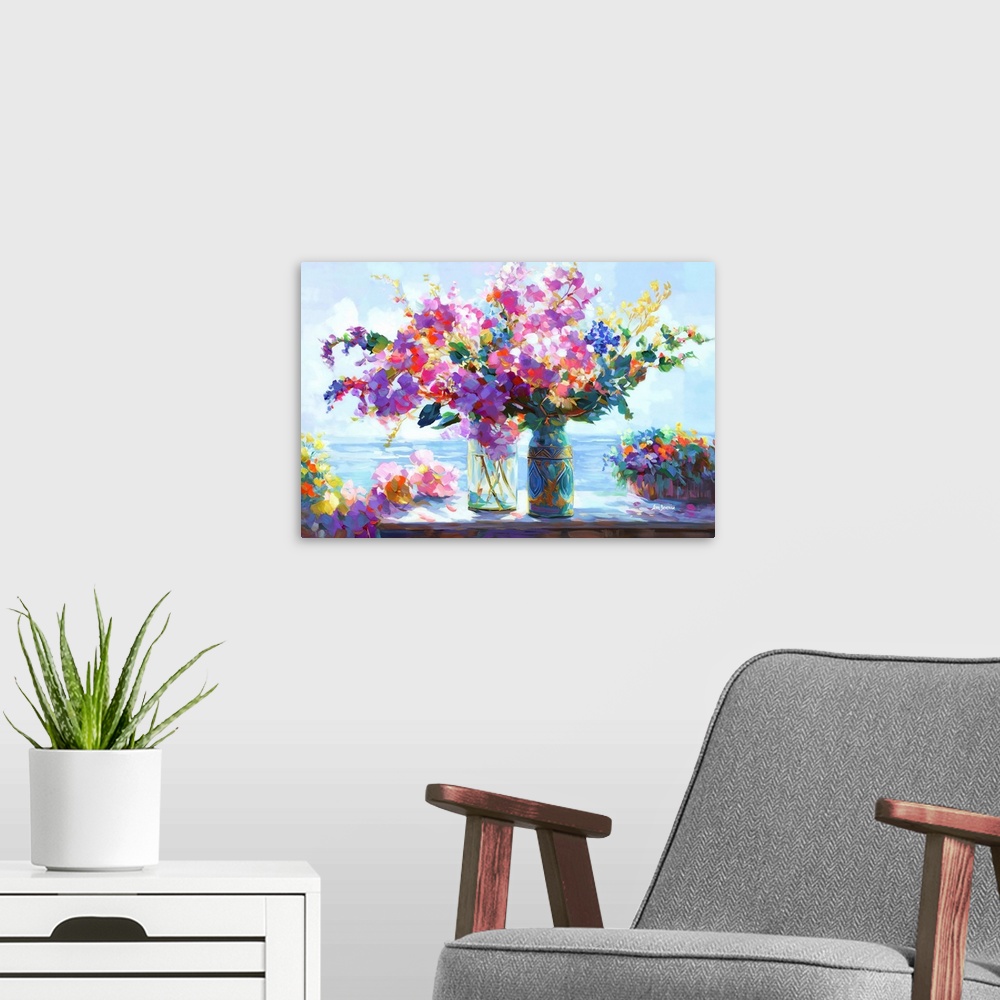 A modern room featuring In this impressionistic piece, two vases filled with an abundance of colorful flowers sit against...