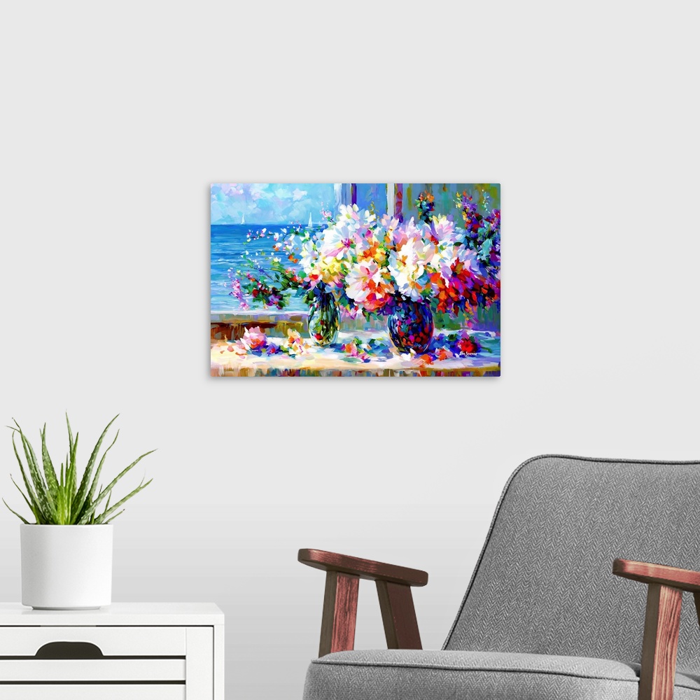 A modern room featuring In this impressionistic piece vibrant bouquets in vases radiate with a spectrum of colors against...