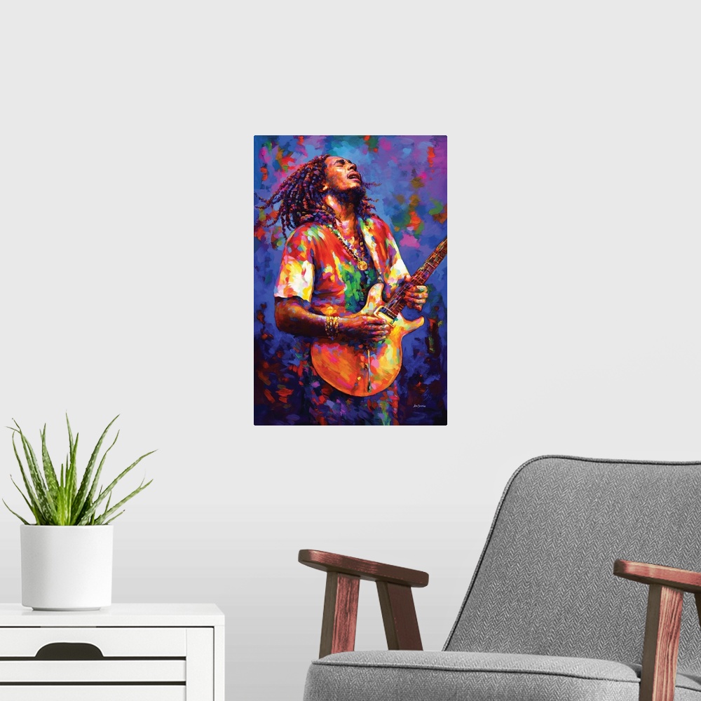 A modern room featuring Bob Marley