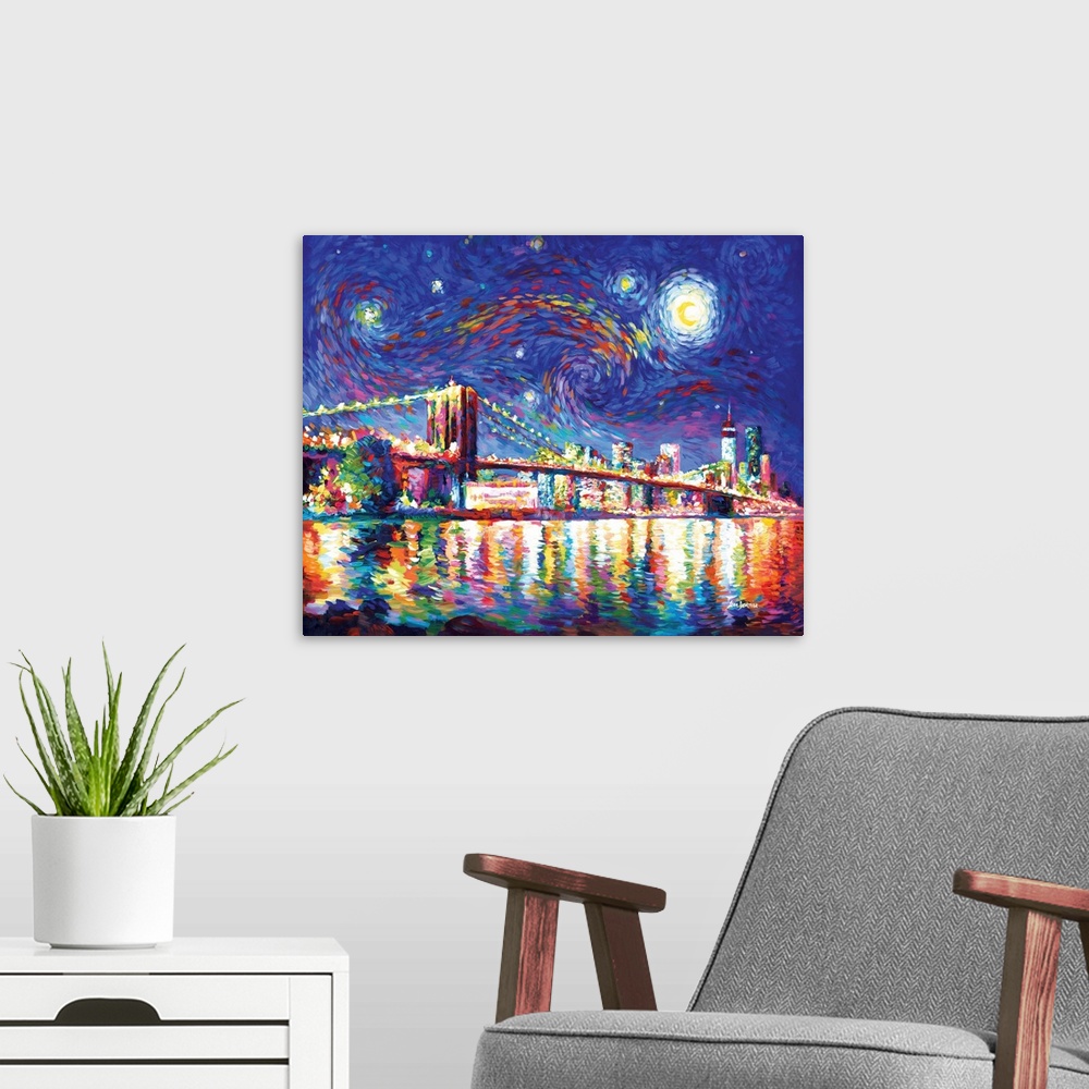 A modern room featuring Brooklyn Bridge Starry Night