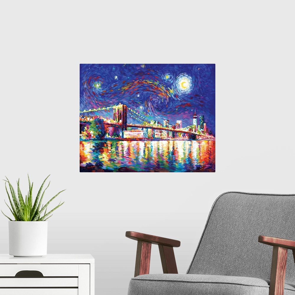 A modern room featuring Brooklyn Bridge Starry Night