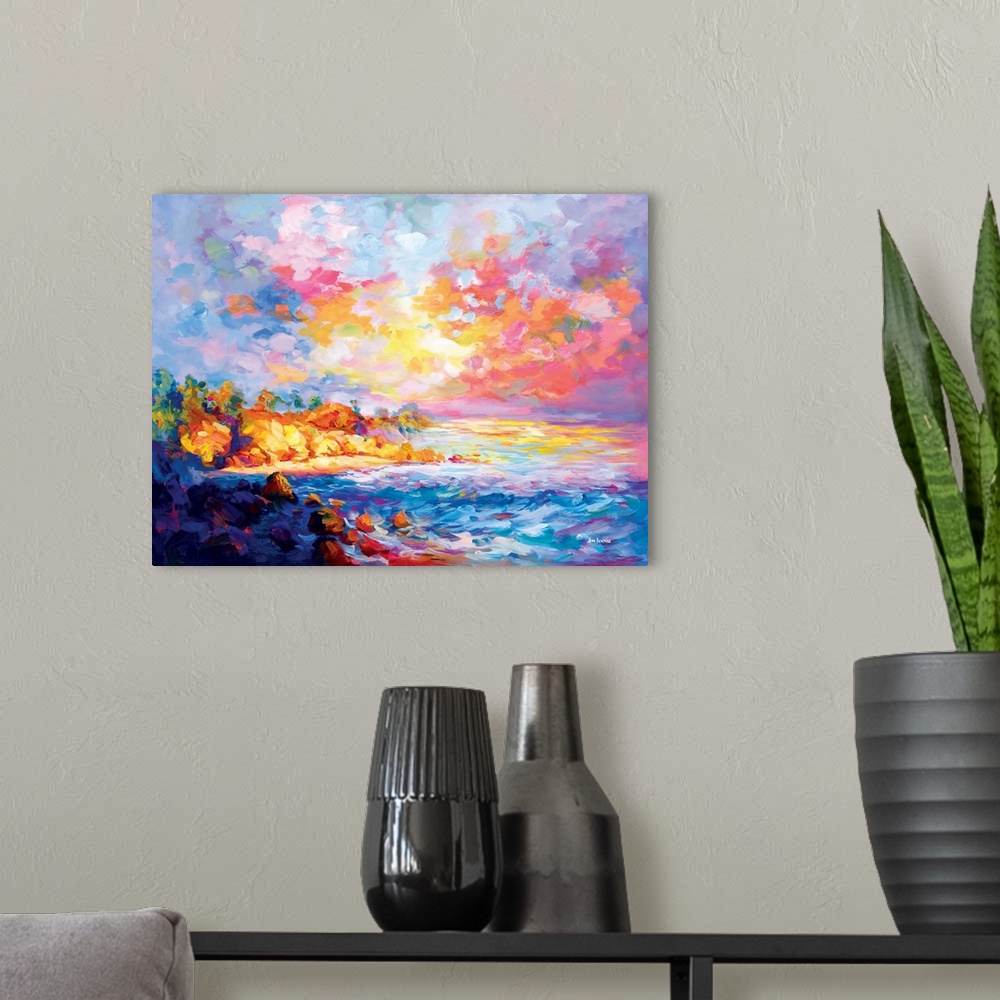 A modern room featuring Impressionist painting of a beautiful coast in Southern California.