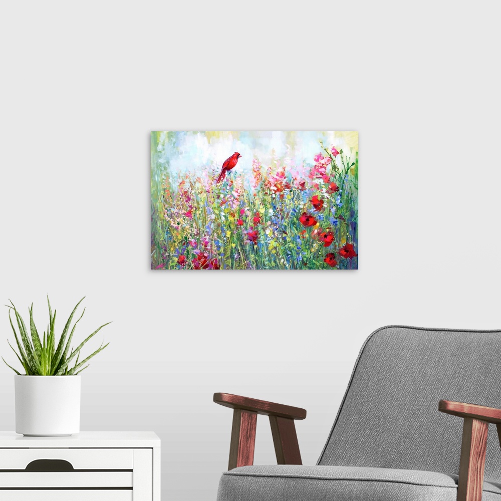 A modern room featuring Cardinal among the wildflowers