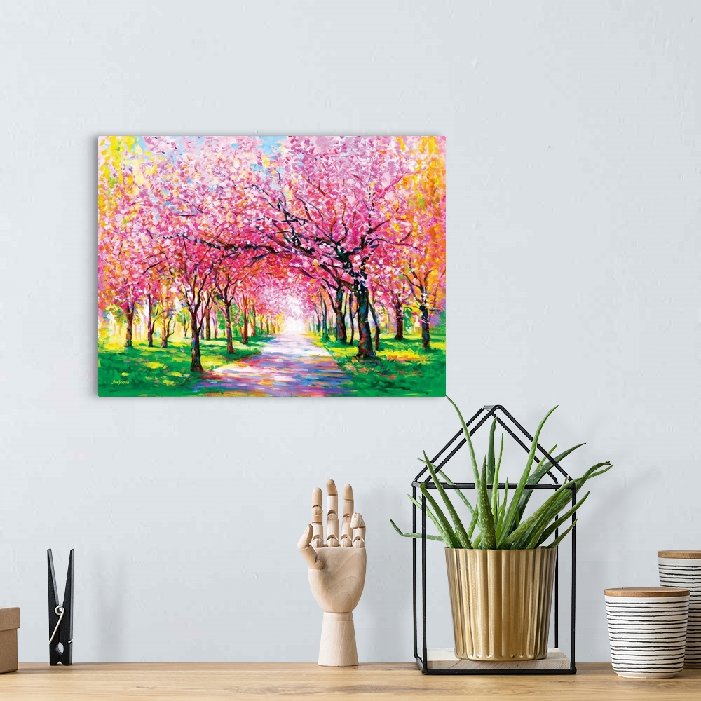A bohemian room featuring Contemporary painting of an illuminated park path lined with vibrant pink cherry blossom trees. T...