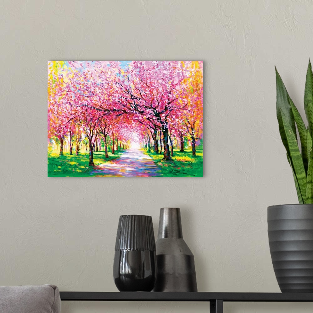 A modern room featuring Contemporary painting of an illuminated park path lined with vibrant pink cherry blossom trees. T...