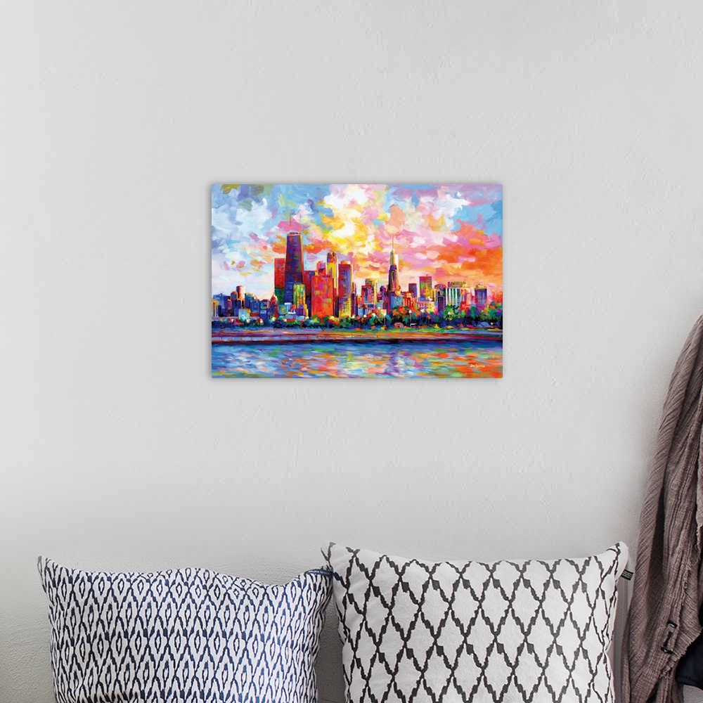 A bohemian room featuring Vibrant and colorful contemporary painting of the Chicago Skyline in the style of modern impressi...