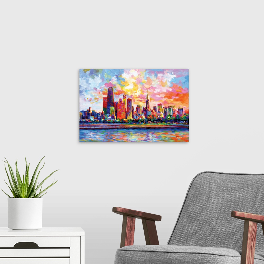 A modern room featuring Vibrant and colorful contemporary painting of the Chicago Skyline in the style of modern impressi...