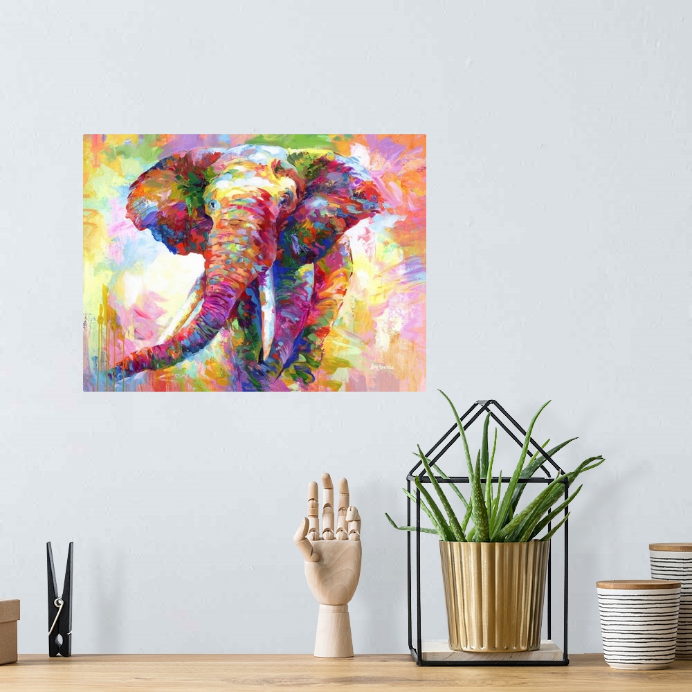 A bohemian room featuring Contemporary painting of a vibrant and colorful elephant.
