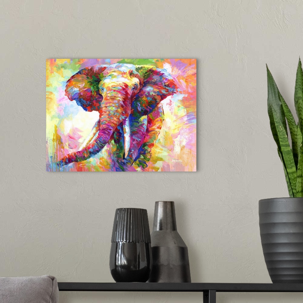 A modern room featuring Contemporary painting of a vibrant and colorful elephant.