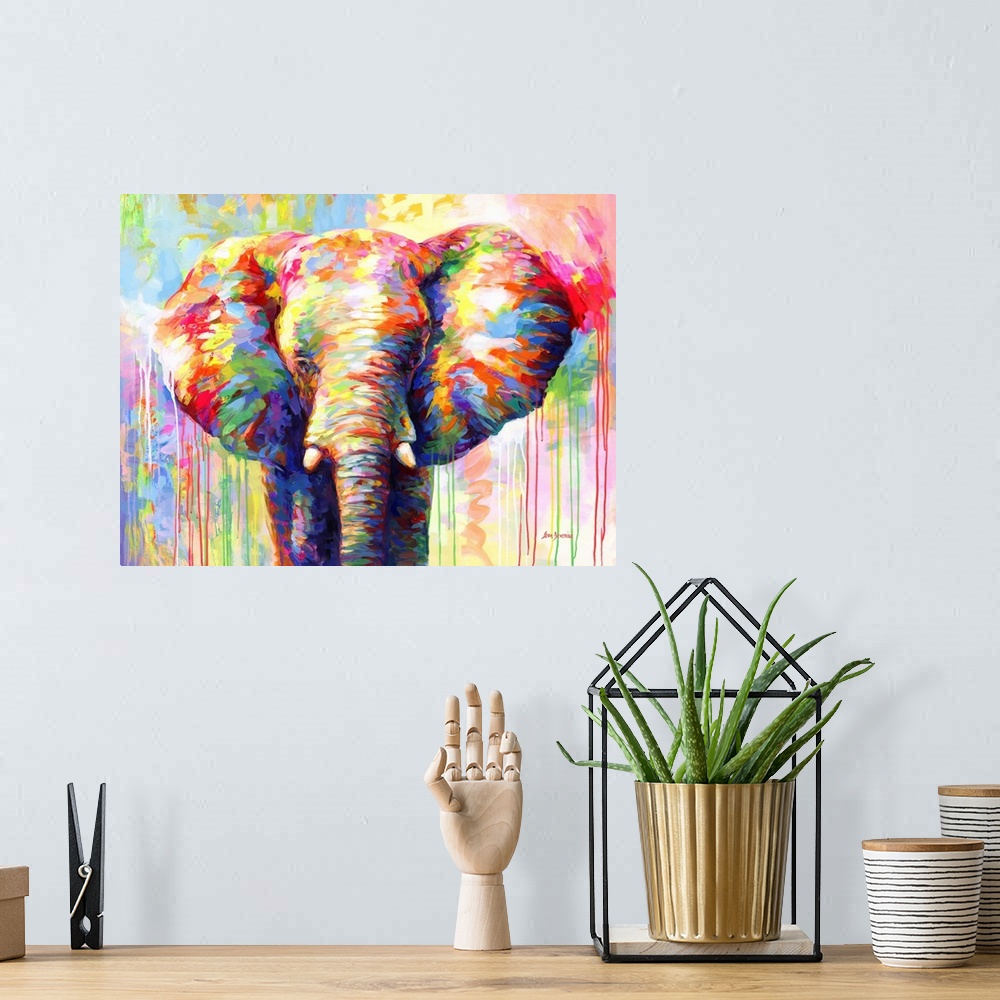 A bohemian room featuring Contemporary painting of a vibrant and colorful elephant.