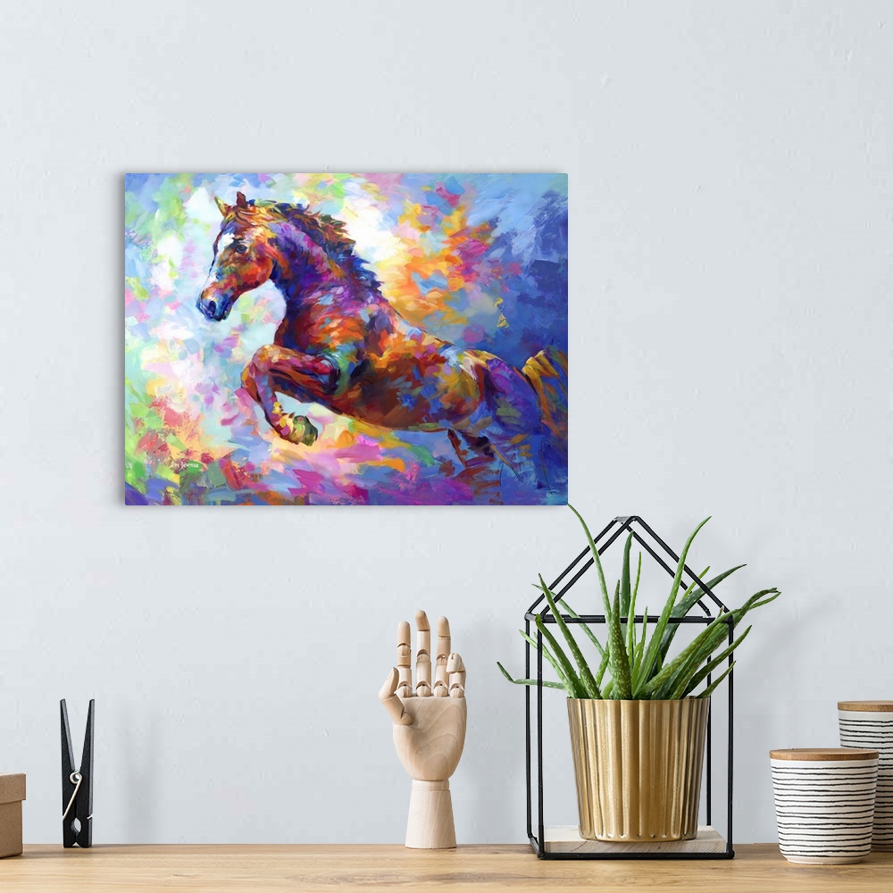 A bohemian room featuring Contemporary painting of a vibrant and colorful horse.