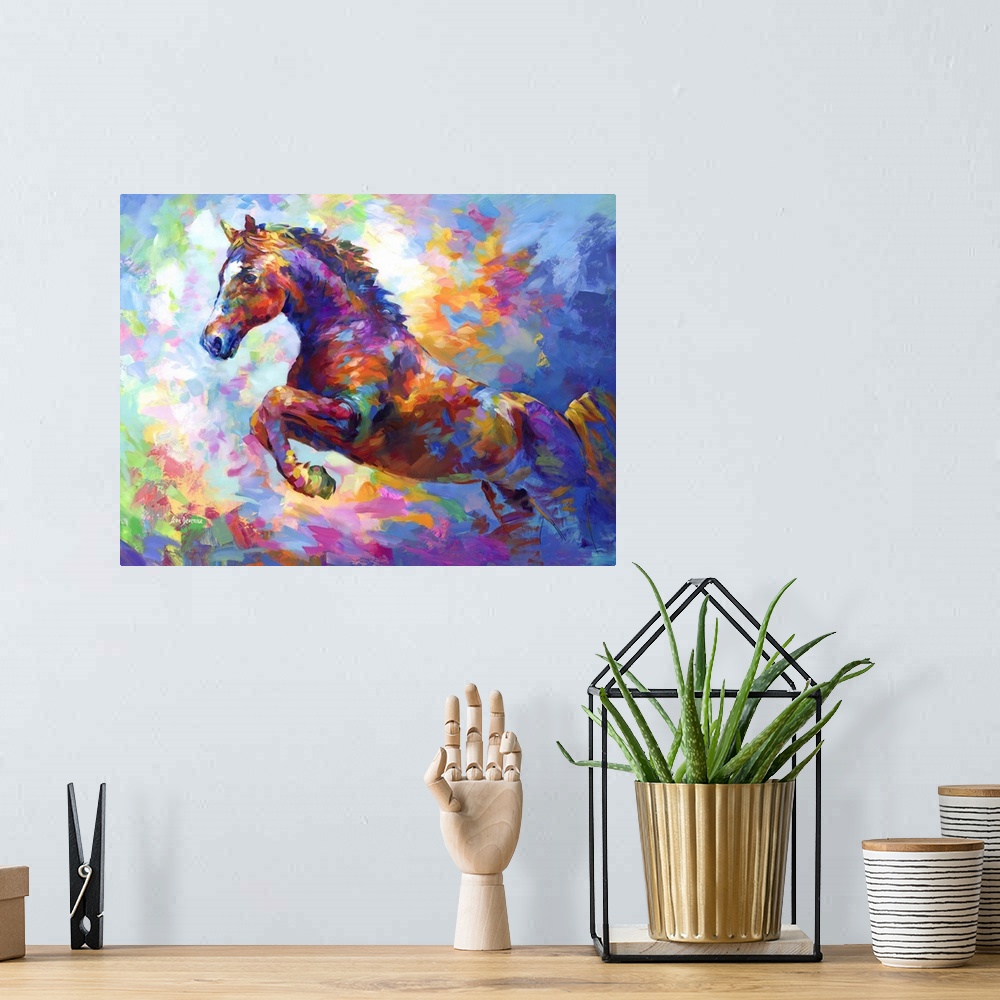A bohemian room featuring Contemporary painting of a vibrant and colorful horse.