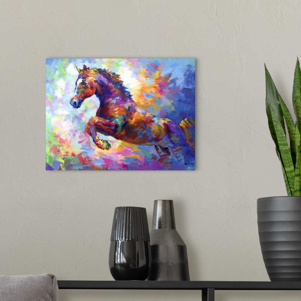 A modern room featuring Contemporary painting of a vibrant and colorful horse.
