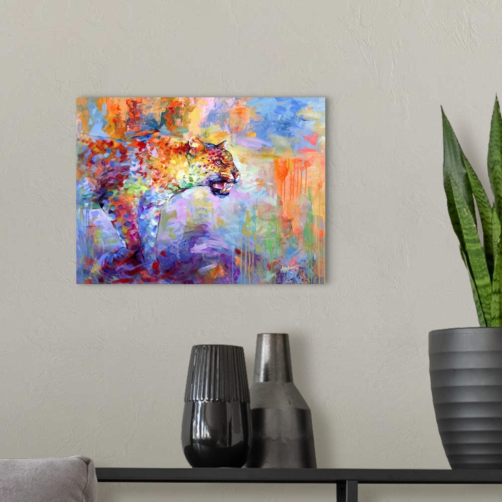 A modern room featuring Contemporary painting of a vibrant and colorful leopard.