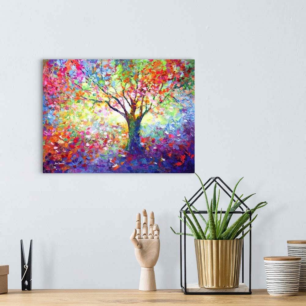 A bohemian room featuring Contemporary painting of the colorful tree of life.