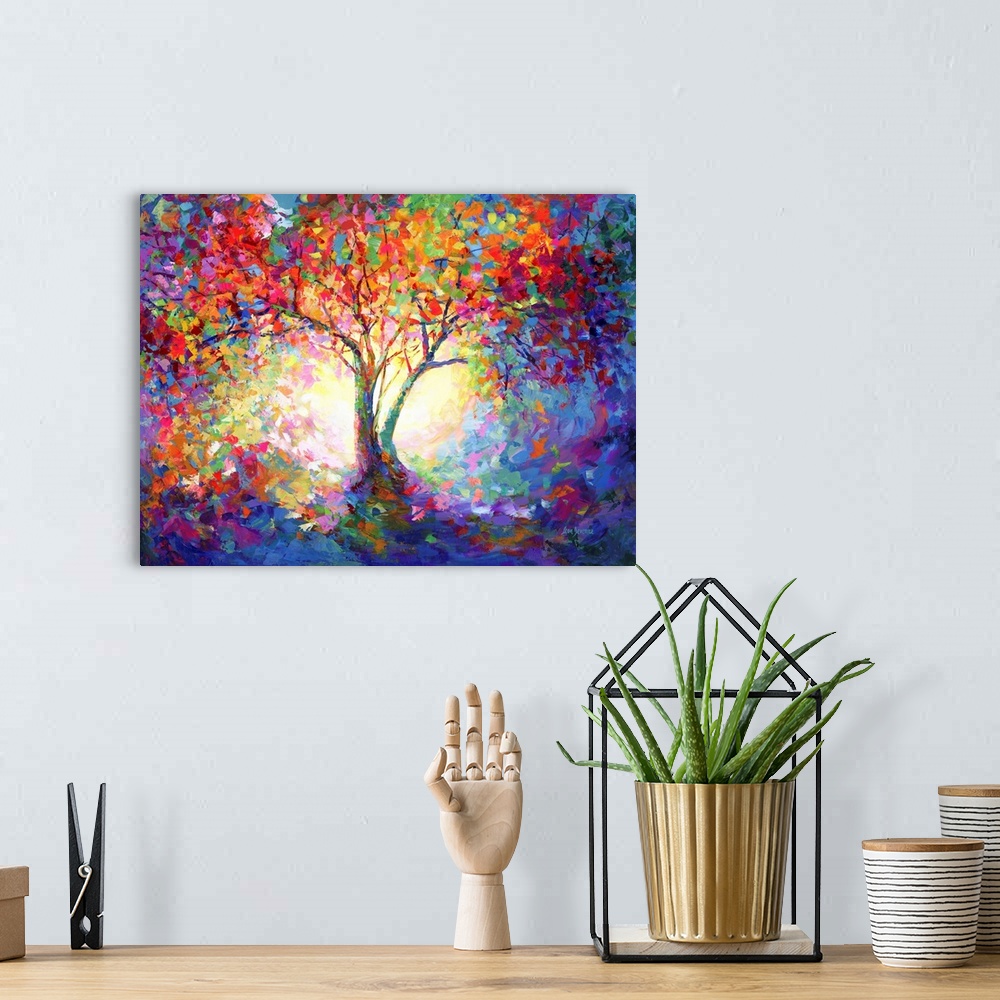 A bohemian room featuring Contemporary painting of the colorful tree of life.