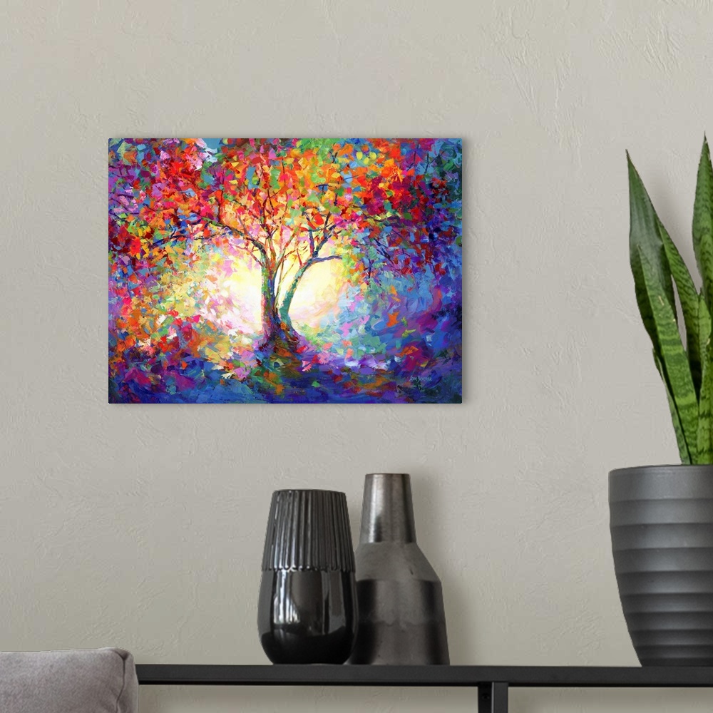 A modern room featuring Contemporary painting of the colorful tree of life.