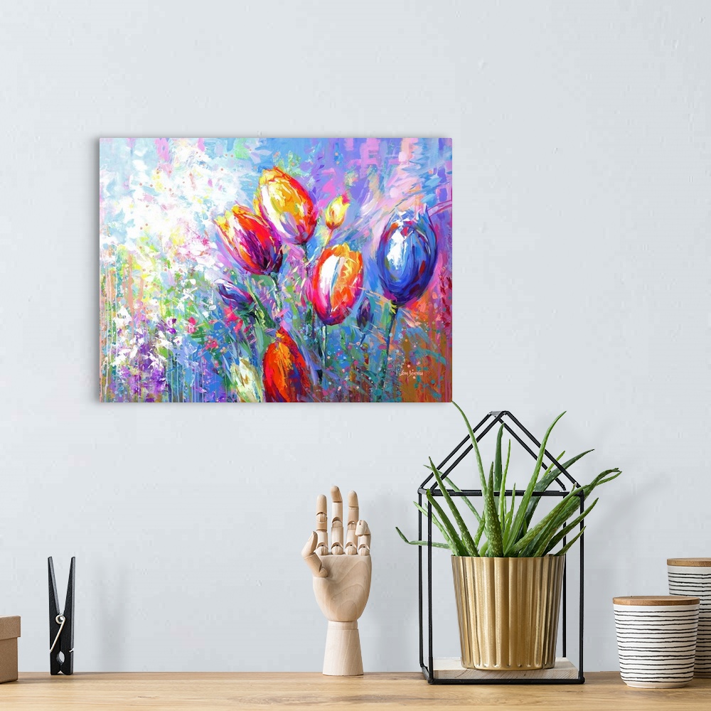 A bohemian room featuring This contemporary artwork bursts with the abstract beauty of colorful tulips and wildflowers, a v...