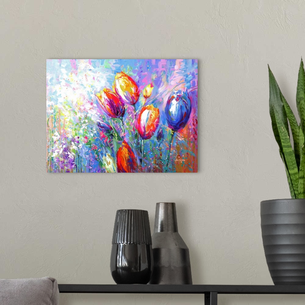 A modern room featuring This contemporary artwork bursts with the abstract beauty of colorful tulips and wildflowers, a v...