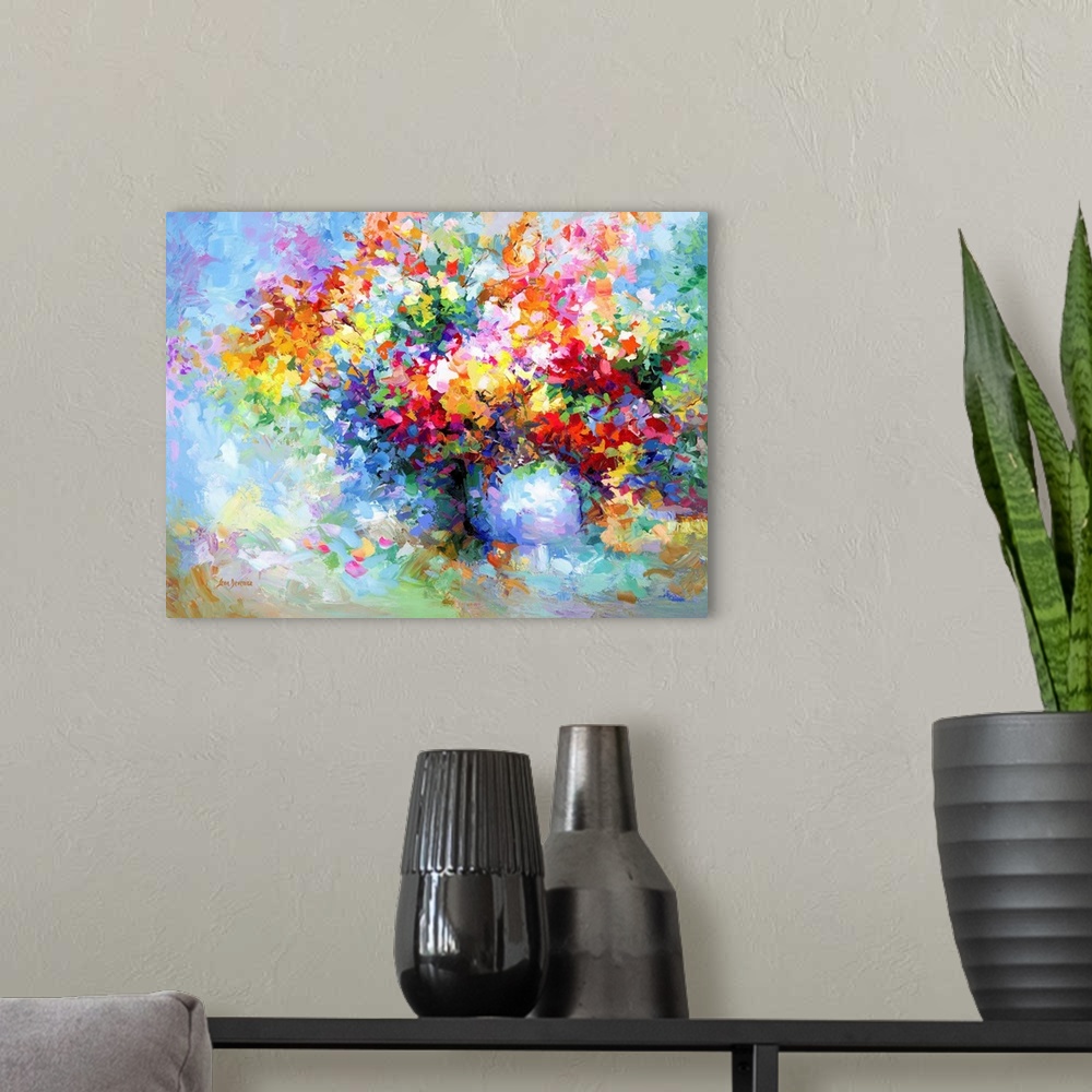 A modern room featuring Contemporary painting of a colorful vase of flowers.
