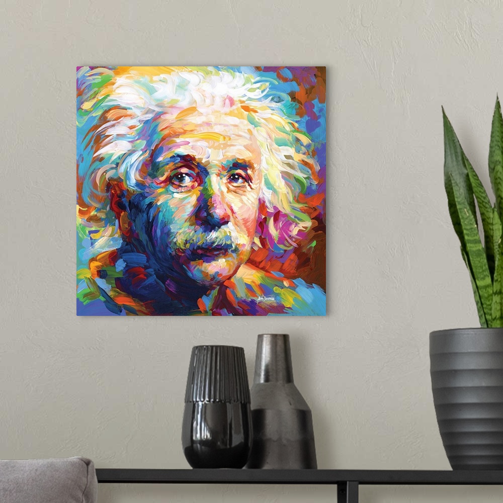 A modern room featuring Einstein
