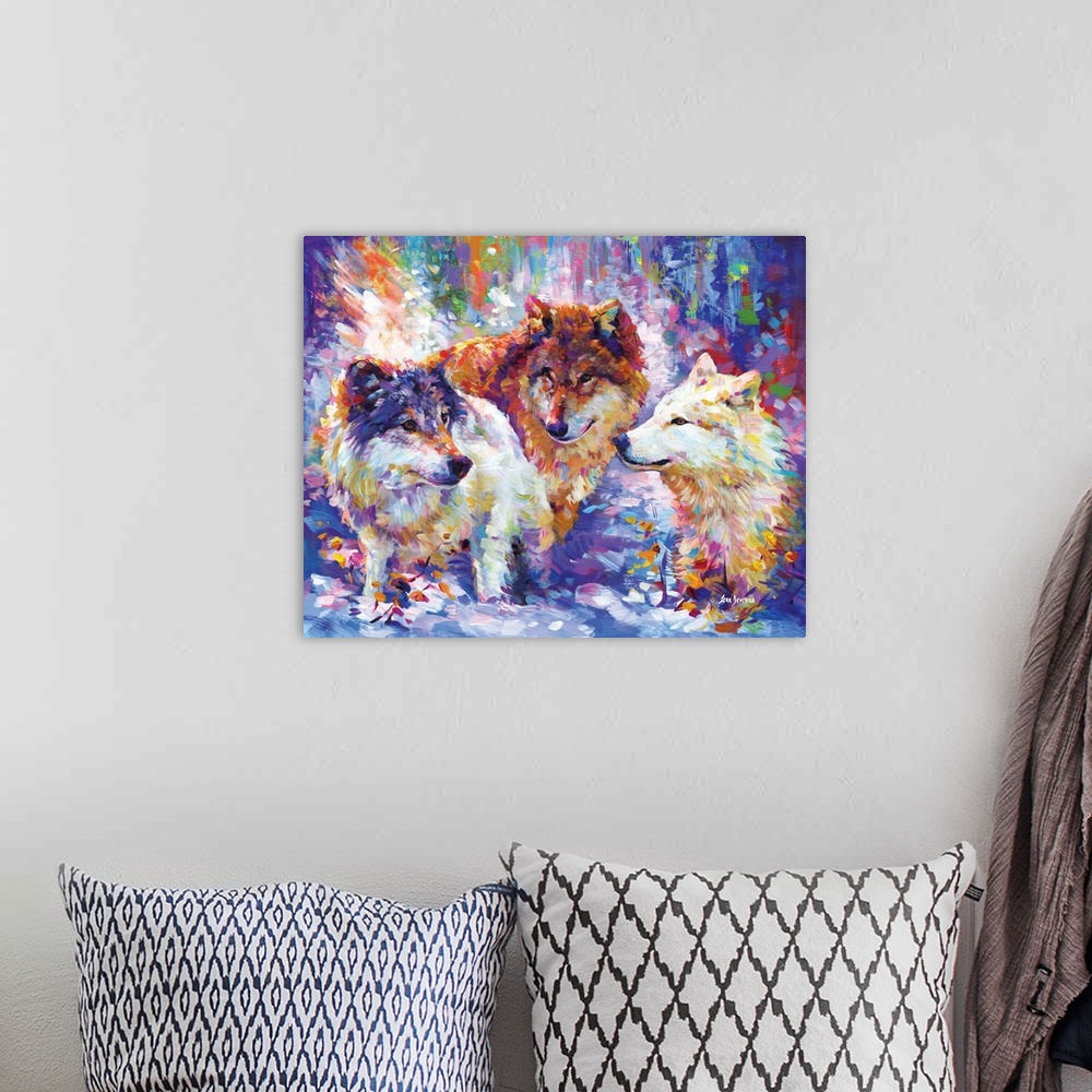 A bohemian room featuring Vibrant contemporary painting of three colorful wolves in a snowy winter forest in the style of i...