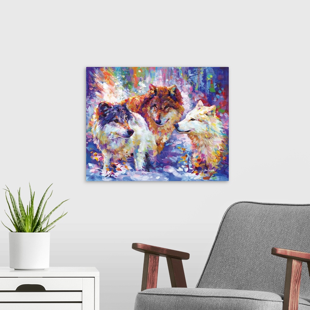 A modern room featuring Vibrant contemporary painting of three colorful wolves in a snowy winter forest in the style of i...