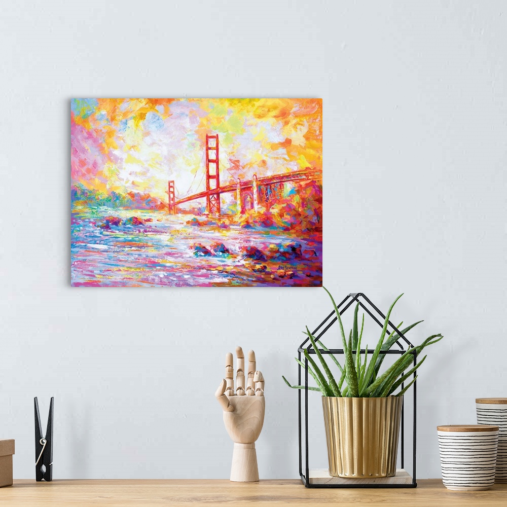 A bohemian room featuring Vibrant and colorful contemporary painting of the Golden Gate Bridge viewed from Marshall's beach...