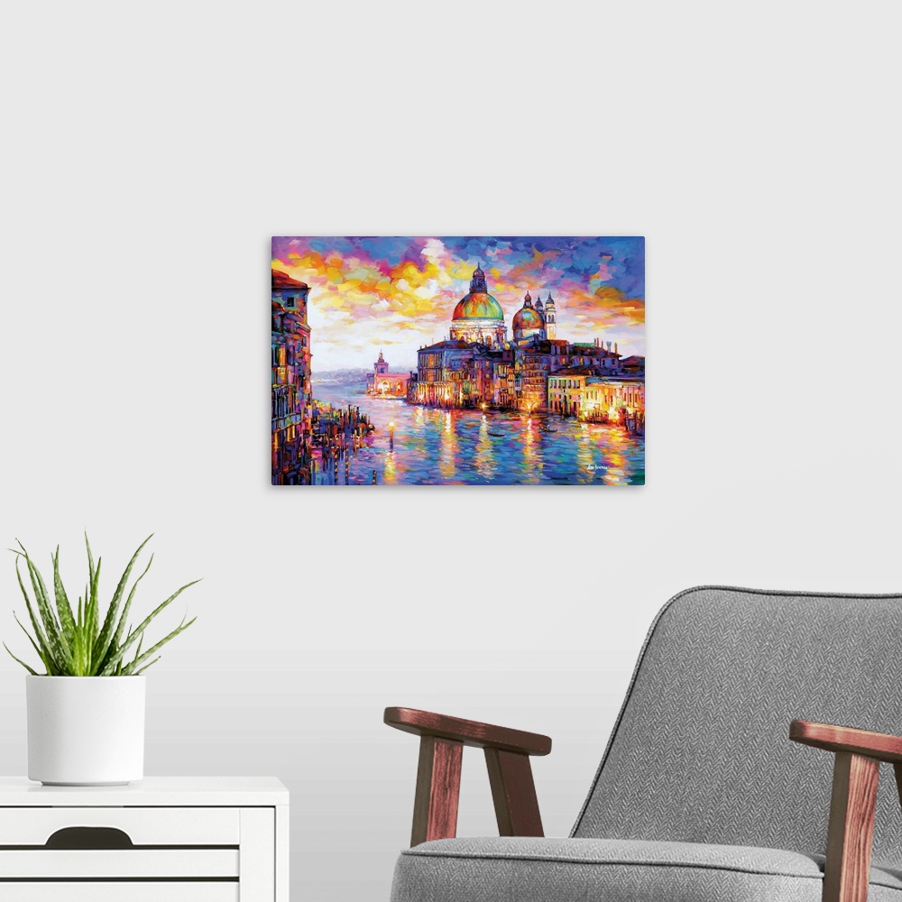 A modern room featuring Contemporary painting of Grand Canal and Basilica di Santa Maria della Salute. The vibrant brush ...