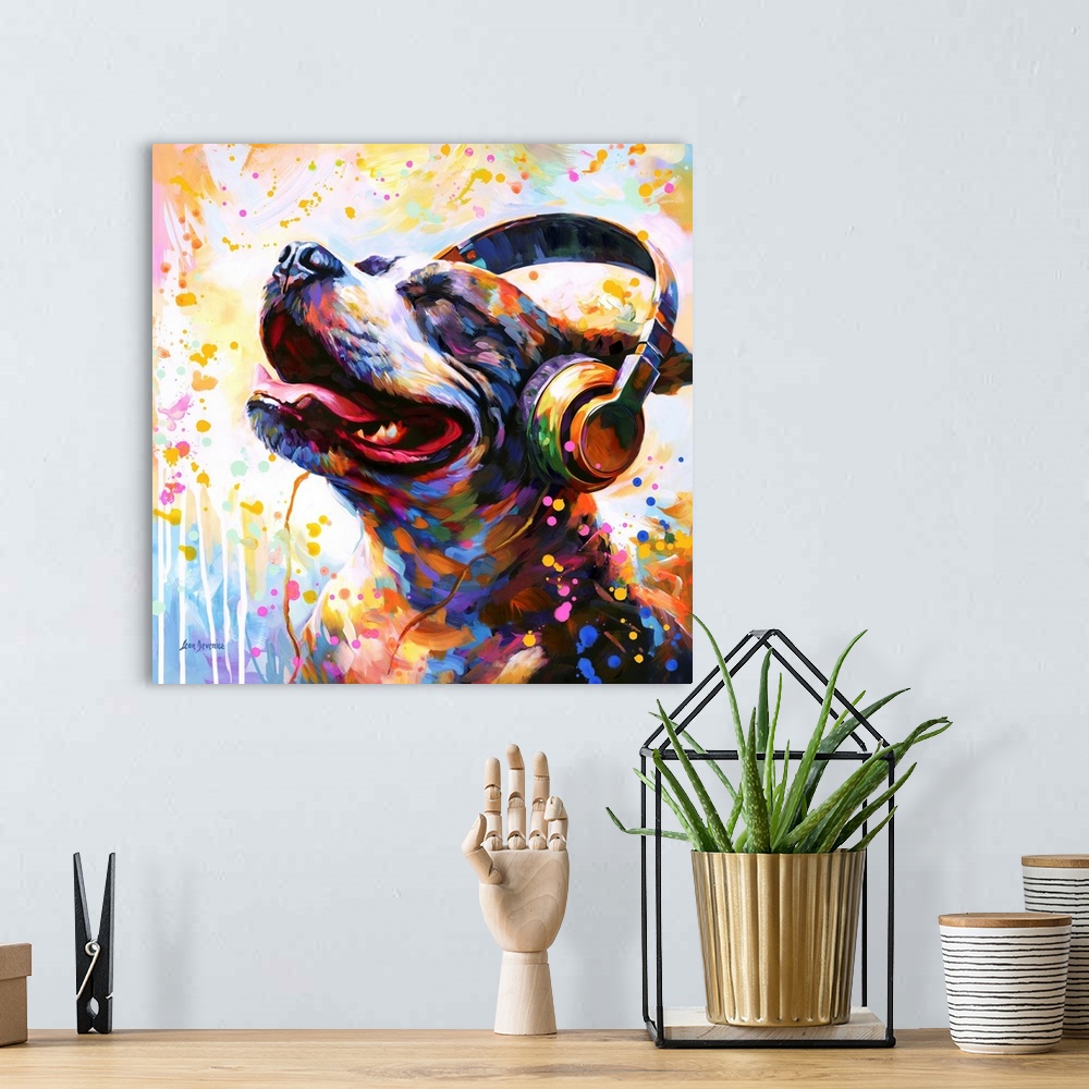 A bohemian room featuring This lively artwork features a colorful dog enjoying music with headphones, set against a vibrant...