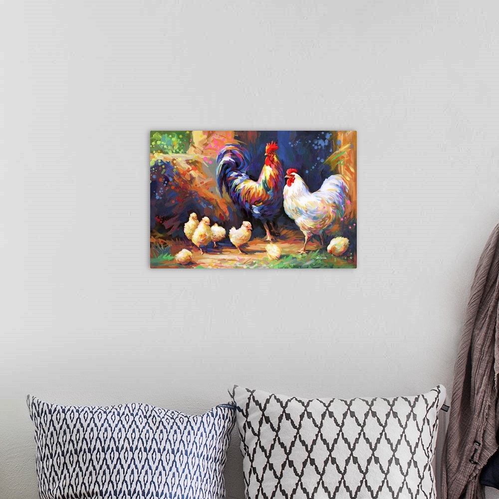 A bohemian room featuring This contemporary impressionistic artwork vividly portrays a farmyard scene, capturing a colorful...