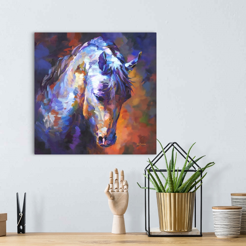 A bohemian room featuring Contemporary painting of a vibrant and colorful horse portrait .