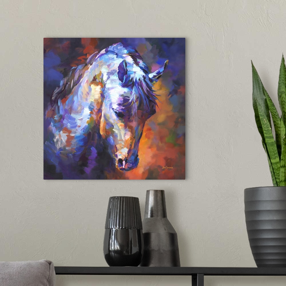 A modern room featuring Contemporary painting of a vibrant and colorful horse portrait .