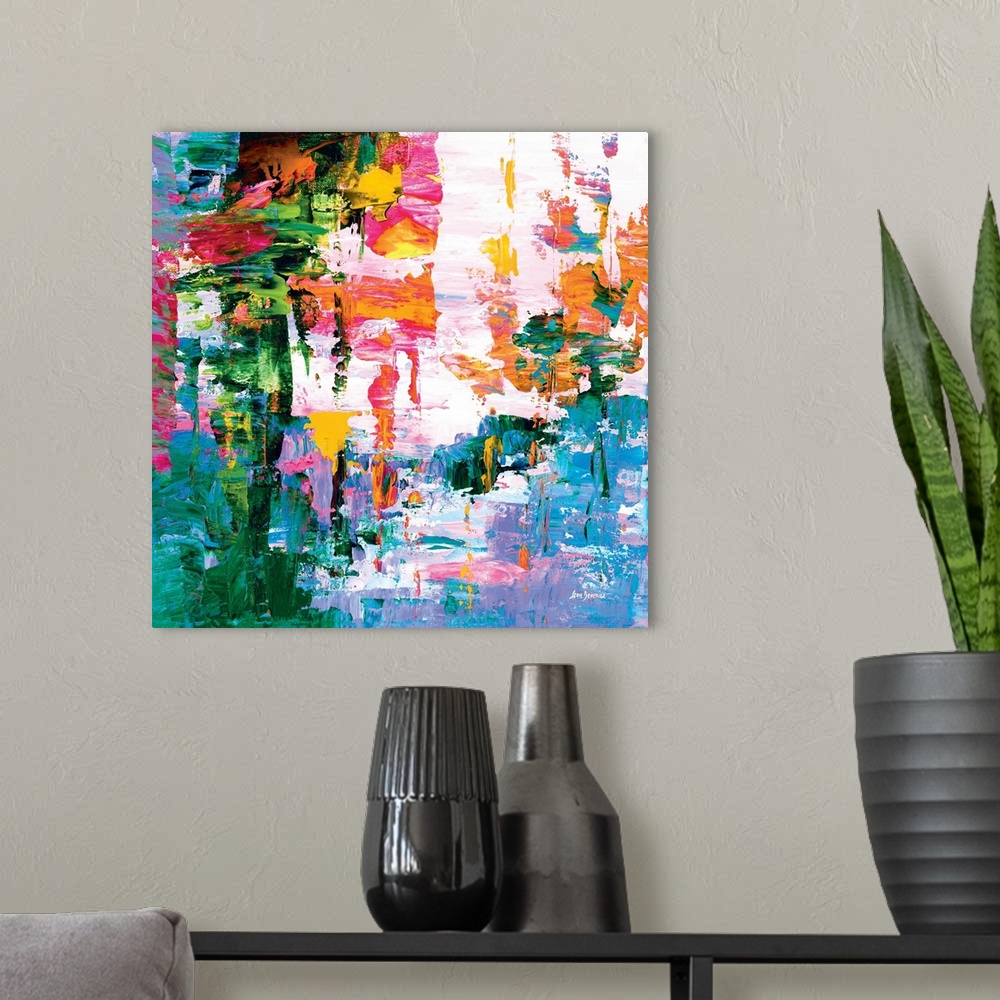 A modern room featuring Vibrant colorful abstract painting.